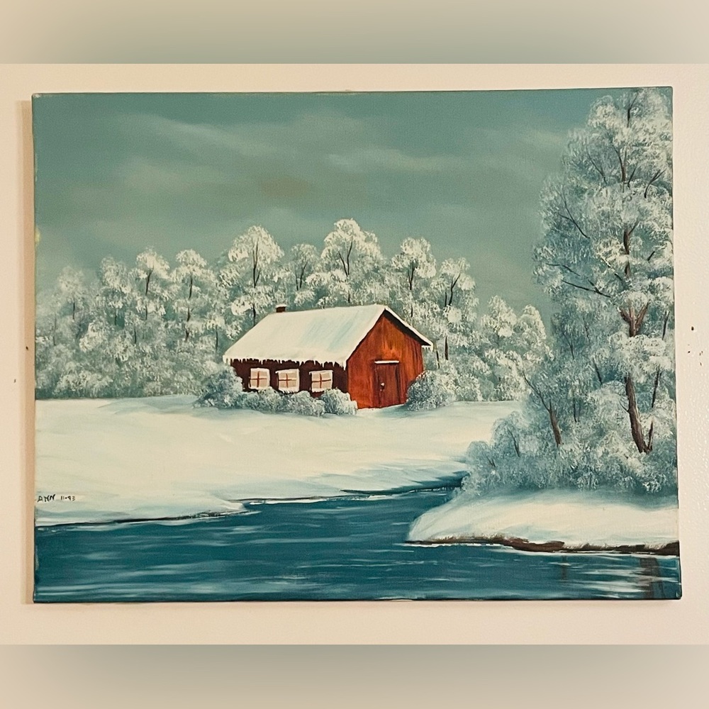 Rustic Winter Cabin Wall Art Signed 1993 Snow Landscape 16x20